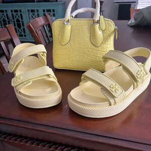 Tory Burch 2 -pc Yellow mini swing handle Handbag and Kira Sandals size 6.5